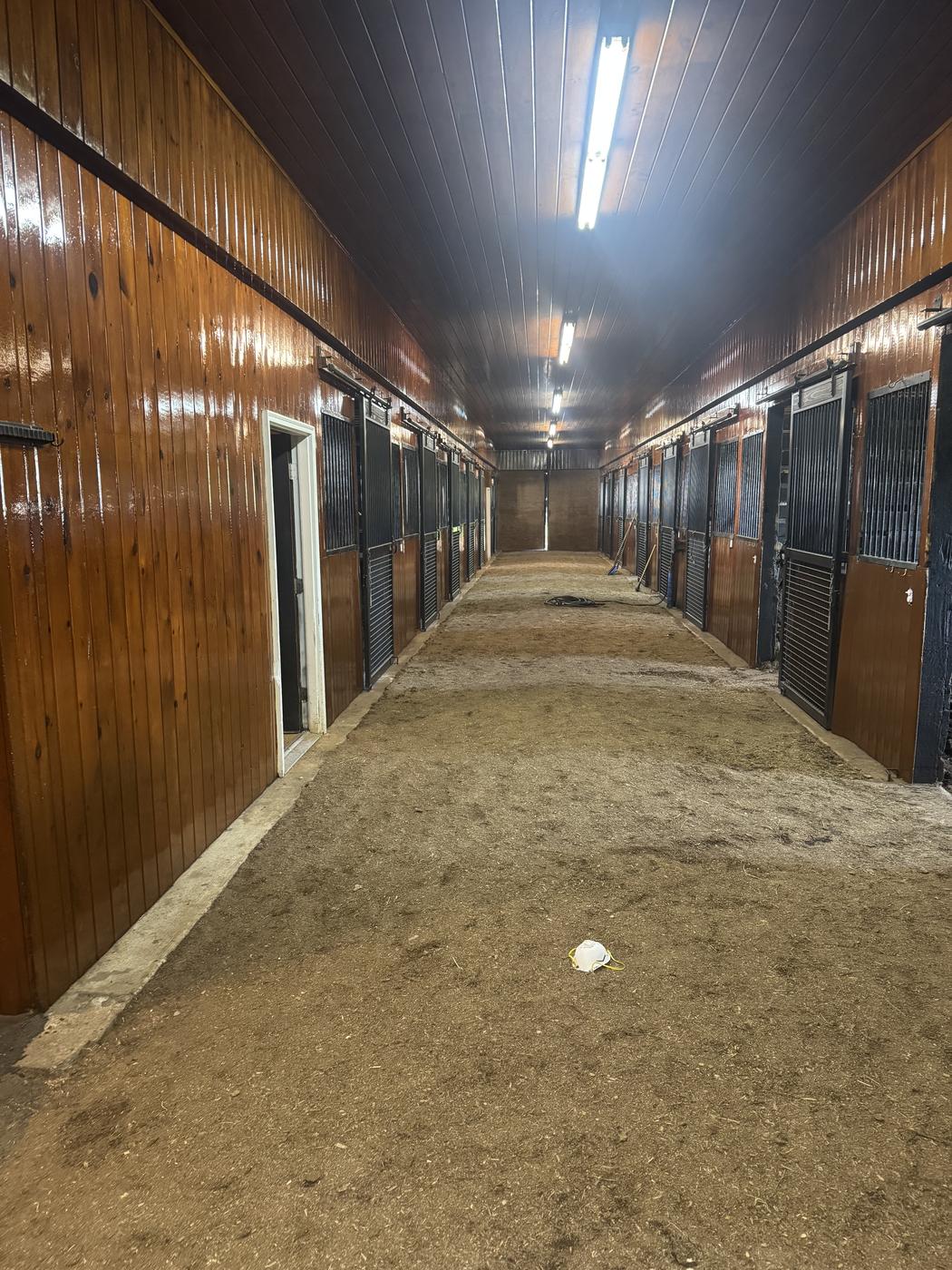 Horse stable hallway with freshly stained wood paneling