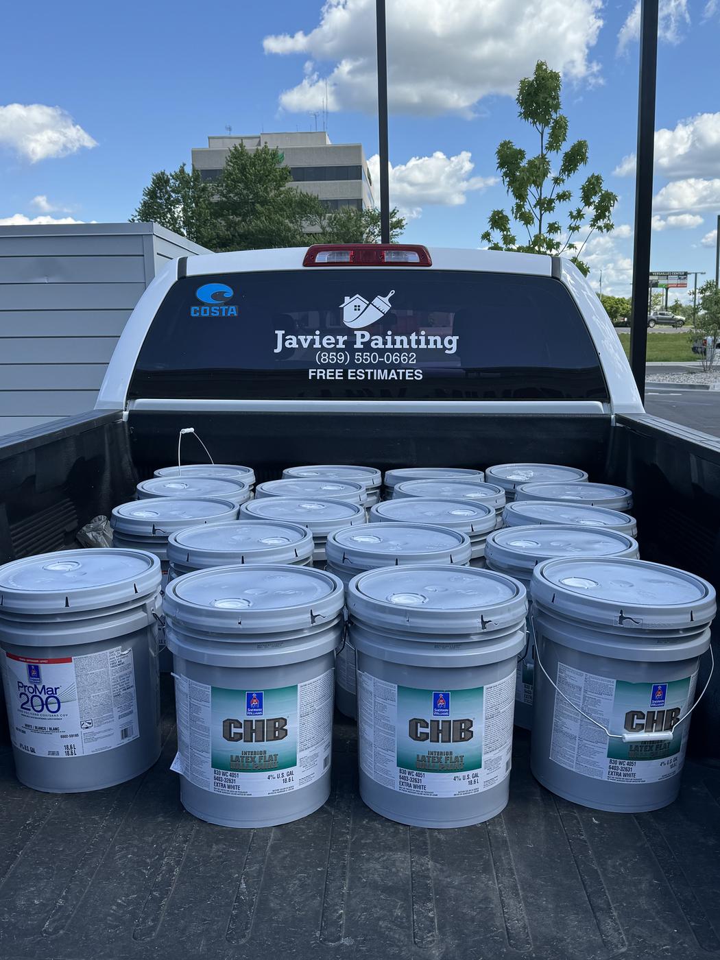 Professional-grade paint buckets loaded and ready for the job